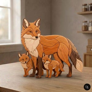 May include: A wooden sculpture of an adult fox standing with two small fox kits. The piece is crafted from various shades of natural wood, featuring a reddish-orange coat, a white chest, and dark brown accents on the legs and tail tip.