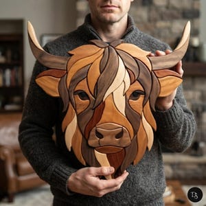Könnte beinhalten: Ein Wandkunstobjekt aus Holz in Form eines Hochlandrind-Kopfes, gefertigt aus verschiedenen Naturholztönen wie Hell-, Mittel- und Dunkelbraun. Das Design besteht aus geschichteten, ineinandergreifenden Holzsegmenten, die Gesicht und Hörner bilden.
