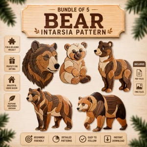 Intarsiamönster med 5 björnar i PDF-format, mallar för rullsåg med grizzlybjörnar och babybjörnar, träbearbetningsdesigner med vilda djur, konstpaket i A4-storlek i PNG-format