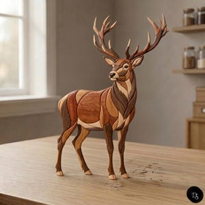 Peut inclure: Sculpture en bois représentant un cerf. Le cerf est composé de différentes nuances de bois brun, créant un effet de mosaïque. Il possède de grands bois et est posé sur une surface en bois. Objet décoratif.