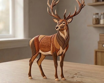 Hirsch Intarsien Muster PDF, Laufender Hirsch Dekupiersäge Vorlage, Woodland Wildtier Holzbearbeitungsdesign, A4 Größe Tier DIY Wandkunst PNG
