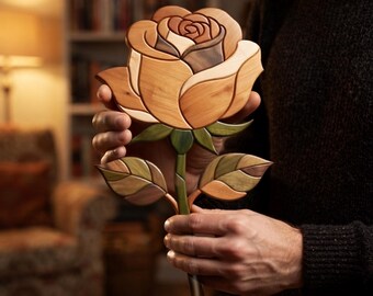 Rose Flower Intarsia Pattern PDF, Botanical Scroll Saw Template, Majestic Floral Nature Woodworking Design, A4 Size DIY Wall Art PNG