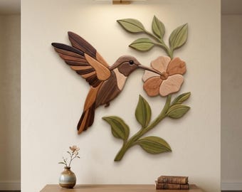 Kolibri mit Blumen Intarsien Muster PDF, Fliegender Vogel auf Rebe Dekupiersäge Vorlage, Majestätisches Blumen Holzbearbeitungsdesign, Wandkunst PNG