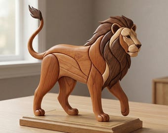 Patrón de marquetería de león en PDF, plantilla de sierra de calar de león caminando de cuerpo completo, diseño de carpintería de vida silvestre, arte de pared DIY de animales tamaño A4 en PNG