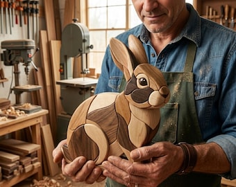 Kaninchen Intarsien Muster PDF, Sitzender Hase Dekupiersäge Vorlage, Majestic Woodland Wildtier Holzbearbeitungsdesign, A4 Größe DIY Wandkunst PNG