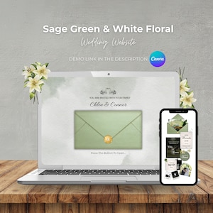 May include: A laptop and smartphone display a sage green and white floral wedding website design. The laptop screen shows an invitation with the names Chloe & Connor. The smartphone displays RSVP and other wedding details. Text on the screen reads "Sage Green & White Floral Wedding Website."