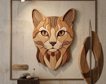 Katzenkopf Intarsien Muster PDF, Dekupiersäge Vorlage, Tierliebhaber Holzbearbeitungsdesign, A4-Tier DIY Wandkunst PNG