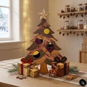 May include: A wooden Christmas tree with a star topper and decorative ornaments. The tree is surrounded by wrapped gift boxes and a wooden reindeer on a plaid table runner. The tree is made of various wood tones.
