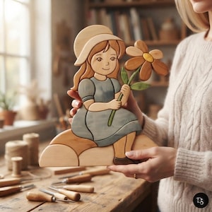 May include: A wooden cutout of a girl wearing a bonnet and a blue dress, sitting on a curved base while holding a large brown flower with a yellow centre. The piece features layered wood construction with natural wood tones and painted blue details.