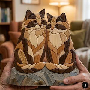 May include: A decorative wooden sculpture featuring two cats with intricate marquetry patterns in shades of cream, tan, and dark brown. The cats are positioned side-by-side on a base constructed from small, interlocking gray wooden pieces.