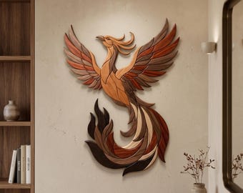 PDF de padrão de intársia da Fênix, modelo para serra de vaivém da Fênix Ascendente, design mítico de pássaro de fogo para marcenaria, PNG de arte de parede DIY de animal em tamanho A4