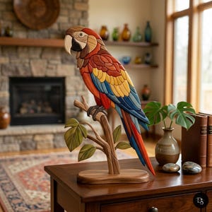 Könnte beinhalten: Eine handgefertigte Holzskulptur eines Ara-Papageis, der auf einem Ast sitzt. Der Vogel besteht aus lebhaft gefärbten Segmenten in Rot, Gelb und Blau, mit einem cremefarbenen Schnabel und einem detaillierten Auge. Die Skulptur steht auf einem Holzsockel.
