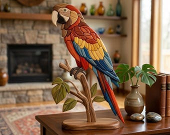 Papagei Intarsia Muster PDF, sitzender Ara Dekupiersäge Vorlage, exotisches tropisches Wildtier Holzbearbeitungsdesign, A4 Größe Vogel DIY Wandkunst PNG