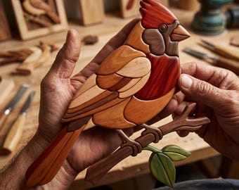 Cardinal Intarsia Pattern PDF, Songbird Scroll Saw Template, Majestic Winter Wildlife Woodworking Design, A4 Size DIY Wall Art PNG