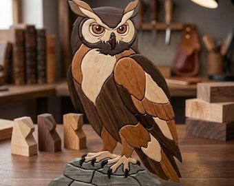 Eulen Intarsien Muster PDF, sitzende Uhu Uhu Dekupiersäge Vorlage, Woodland Wildtier Holzbearbeitung Design, A4 Größe Vogel DIY Wand Kunst PNG