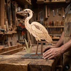 Pode incluir: Uma escultura de garça em madeira feita de vários tons claros e escuros, com pescoço longo, bico pontiagudo e segmentos de asa detalhados. A ave está sobre uma base com uma pequena planta de taboa, composta por peças de madeira entrelaçadas.