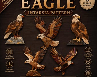 Bundel met 5 Eagles Intarsia-patronen, pdf, Flying Eagle-figuurzaagsjablonen, patriottische wilde vogel houtbewerkingsontwerpen, A4-formaat kunst, png-bestand