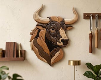 Stierkopf Intarsien Muster PDF, Stiergesicht Dekupiersäge Vorlage, Western Wildtier Holzarbeit Design, A4 Größe Tier DIY Wand Kunst PNG
