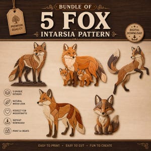 5 Fox Intarsia Patterns Bundle PDF, Woodland Fox Family Scroll Saw Templates, Wild Animal Woodworking Designs, A4 Size Fox Art PNG Pack
