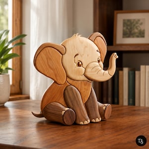 May include: A handcrafted wooden elephant figurine composed of multiple wood tones, featuring a light-colored head and ears, a medium-toned body, and dark brown legs. The elephant is depicted in a seated position with a raised trunk and large eyes.