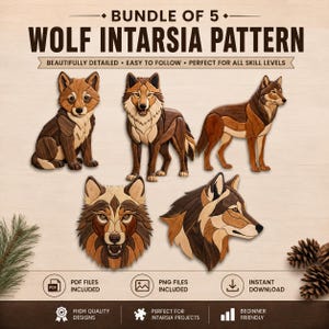 5 Wolf Intarsia Patterns Bundle PDF, Majestic Wolf Head Scroll Saw Templates, Wild Animal Woodworking Designs, A4 Size Art PNG Pack