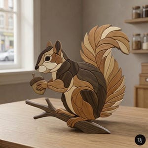 May include: A decorative wooden squirrel figurine crafted from various shades of light, medium, and dark wood. The squirrel is depicted sitting on a branch, holding a small acorn in its front paws, featuring a large, bushy, multi-toned tail.
