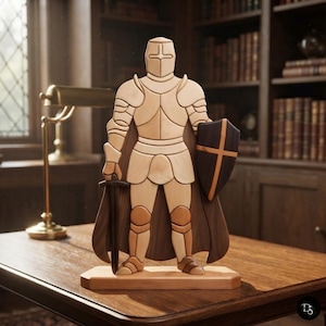 Peut inclure: Une figurine en bois représentant un chevalier en armure debout sur un socle rectangulaire. Le chevalier est fabriqué en bois clair et foncé, tenant une épée en bois sombre dans la main droite et un bouclier sombre avec une croix claire.