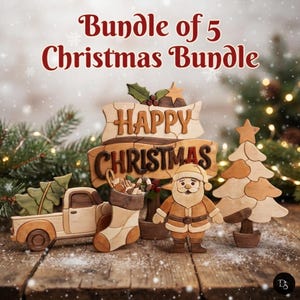 May include: A set of five wooden Christmas decorations featuring a truck carrying a tree, a stocking filled with treats, a sign with the text Happy Christmas, a Santa Claus figure, and a stylized Christmas tree, all in natural wood tones.