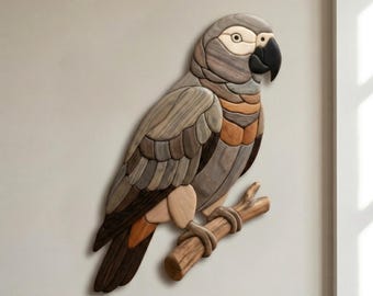 Afrikanisches Graupapagei Intarsien Muster PDF, Hochgestellte Exotische Vogel Dekupiersäge Vorlage, Tropische Wildtier Holzarbeit Design, Tier DIY Wandkunst
