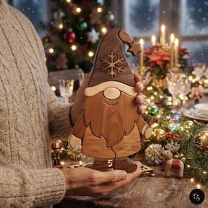 May include: A handcrafted wooden gnome figurine featuring a dark walnut hat with a carved snowflake detail, a light-toned wooden nose, and a medium-brown beard. The gnome has a pointed hat tip with a star and stands in a vertical orientation.