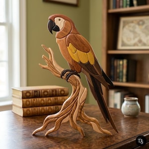 May include: A wooden parrot sculpture perched on a branch. The bird features a brown body with yellow accents on the wings, a black beak, and a light-colored head. The sculpture is made of various wood tones and sits on a wooden branch.