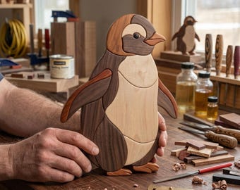 Pinguin Intarsia Muster PDF, Ganzkörper Pinguin Dekupiersäge Vorlage, Wildtier Holzarbeit Design, A4 Größe Tier DIY Wand Kunst PNG
