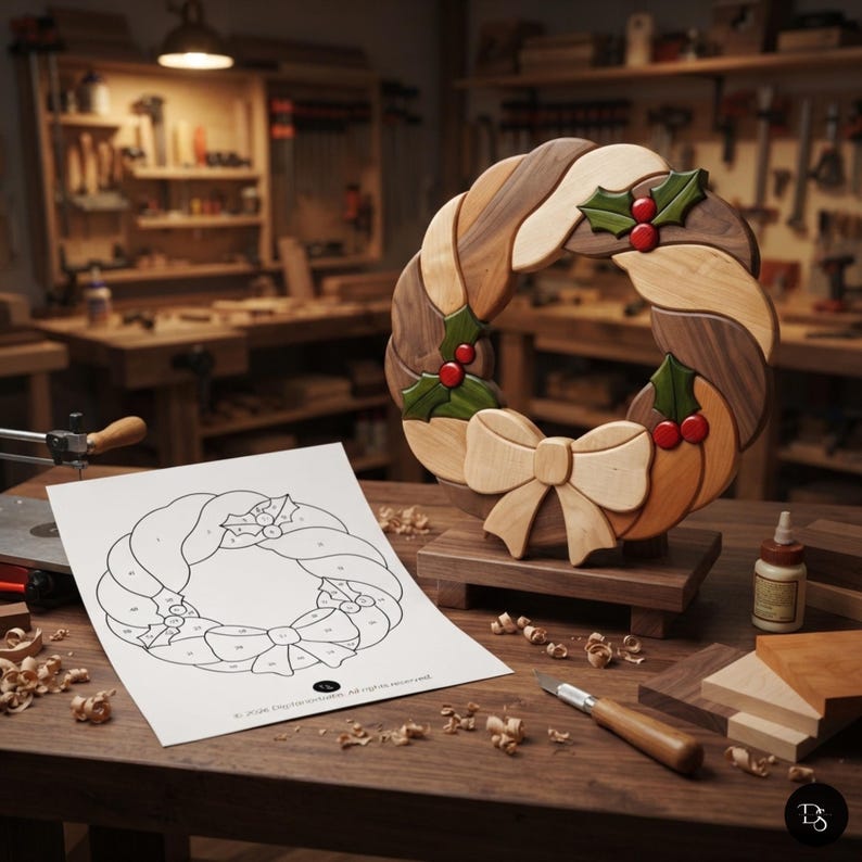 Christmas Wreath Intarsia Pattern PDF, Holiday Pine Bow Scroll Saw ...