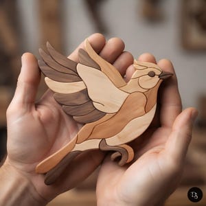 Può includere: Una statuetta di uccello in legno realizzata a mano, composta da diversi pezzi a incastro di legno in tonalità chiare, medie e scure. L'uccello è raffigurato in posa di volo con le ali spiegate, un becco appuntito e una lunga coda.