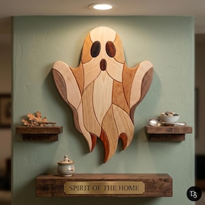 Puede incluir: Una decoración de pared de madera con forma de fantasma compuesta por varios segmentos de madera de tonos claros y oscuros. Debajo, un estante de madera largo presenta una placa de latón con el texto "SPIRIT OF THE HOME" y un pequeño tarro de cerámica.