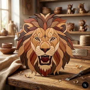May include: A wooden lion head wall art piece crafted from various shades of light, medium, and dark wood. The lion is depicted with an open mouth showing teeth, a detailed mane, and layered wood segments creating a three-dimensional effect.