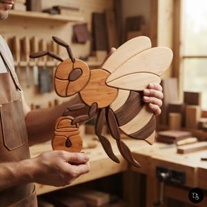 Op de afbeelding: Een handgemaakt houten bijenfiguur met lichte en donkere houttinten, voorzien van gesegmenteerde vleugels, een rond lichaam en voelsprieten. De bij houdt een kleine houten honingpot vast met een druppelvormige uitsparing in de voorpoten.