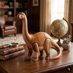 Op de afbeelding: Een houten dinosaurusfiguur gemaakt van verschillende tinten natuurlijk hout, met een lange nek, een rond lichaam en een gebogen staart. Het beeldhouwwerk vertoont gladde, gesegmenteerde houtnerven en een gepolijste afwerking op vier poten.