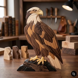 May include: A detailed wooden sculpture of a bald eagle, showcasing intricate craftsmanship. The eagle has a light-coloured head, yellow beak and talons, and a body made of various shades of brown wood. It is perched on a dark, textured base, displaying a blend of natural tones.