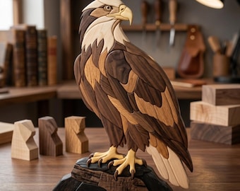 Adler Intarsien Muster PDF, Weißkopfseeadler Dekupiersäge Vorlage, Majestic Wildlife Holzbearbeitungsdesign, A4-Vogel DIY Wandkunst PNG