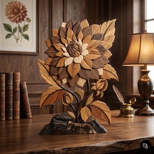 May include: A wooden dahlia sculpture with intricate details, featuring various shades of brown and tan wood. The flower is mounted on a dark base, with leaves and buds. The sculpture is displayed on a wooden desk, with a framed floral print in the background.