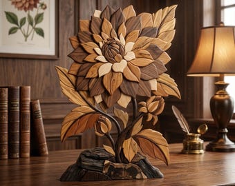 Floral Harmony Intarsien Muster PDF, Blühende Dahlie Blumen Dekupiersäge Vorlage, Botanischer Garten Holzbearbeitungsdesign, Pflanzen DIY Wandkunst PNG