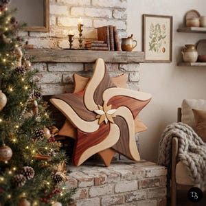 May include: A multi-layered wooden star decoration featuring swirling, curved segments in alternating light and dark wood tones. The center is accented with a small, six-pointed star motif composed of light and medium-toned wood pieces.