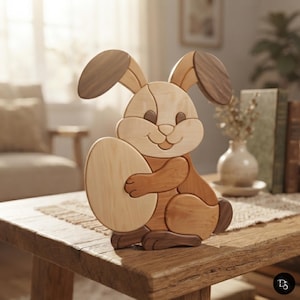 May include: A decorative wooden rabbit figurine crafted from various shades of light and dark wood. The rabbit is depicted in a seated position, holding a large, smooth, light-colored wooden egg against its chest with both front paws.