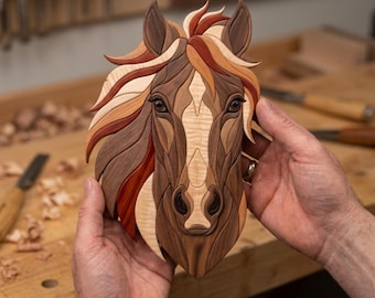 Pferdekopf Intarsien Muster PDF, Majestätische Pferde Dekupiersäge Vorlage, Reiter Holzarbeitsdesign, A4 Tier DIY Wandkunst PNG