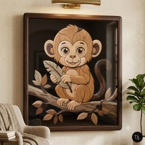 May include: Wooden wall art featuring a charming monkey sitting on a branch, holding a leaf. The artwork is framed in a dark brown wooden frame. The monkey is crafted from various shades of brown wood, creating a 3D effect.