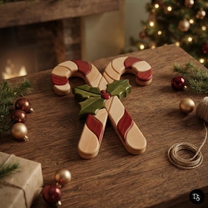 May include: A decorative wooden ornament shaped like two crossed candy canes, featuring alternating light tan and deep red stripes. A cluster of three green holly leaves with small red berries is attached at the centre where the canes intersect.