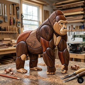 May include: A handcrafted wooden gorilla sculpture composed of various wood tones, featuring a dark brown body with lighter tan accents on the face, chest, and feet. The figure is depicted in a standing, quadrupedal pose with smooth, curved segments.