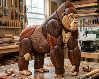 Gorilla Intarsia Muster PDF, Gorilla Ganzkörper Dekupiersäge Vorlage, Majestic Jungle Wildlife Holzbearbeitung Design, Affe DIY Wandkunst PNG