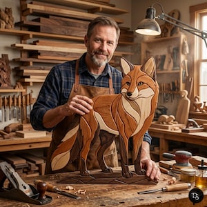 Könnte beinhalten: Eine Holzfuchs-Skulptur, gefertigt aus verschiedenen Holzfarben, steht auf einem Holzsockel. Der Fuchs weist aufwendige Details mit hellen und dunklen Brauntönen auf. Der Kunsthandwerker befindet sich in einer Werkstatt mit Holzbearbeitungswerkzeugen und Holzregalen im Hintergrund.